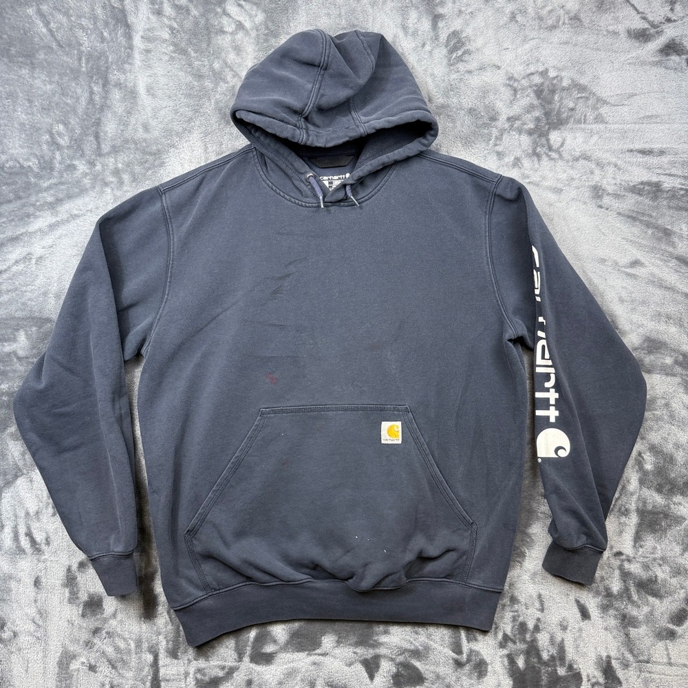 Carhartt Hoodie Mens Large Blue Loose Fit Midweight Logo Sleeve Pullover